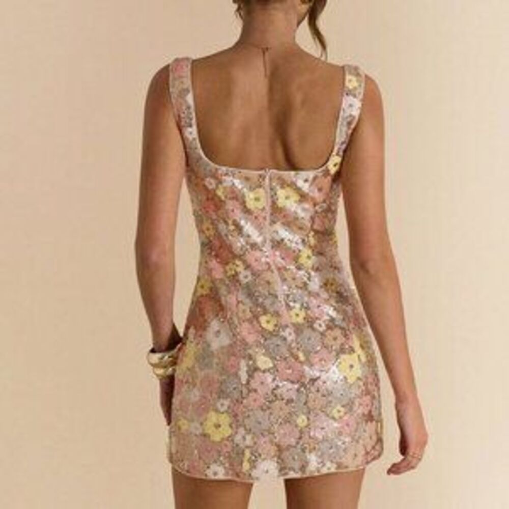 Elegant Women's Sequin Floral Print Side Slit Strap Mini Dress - Picture 2 of 5